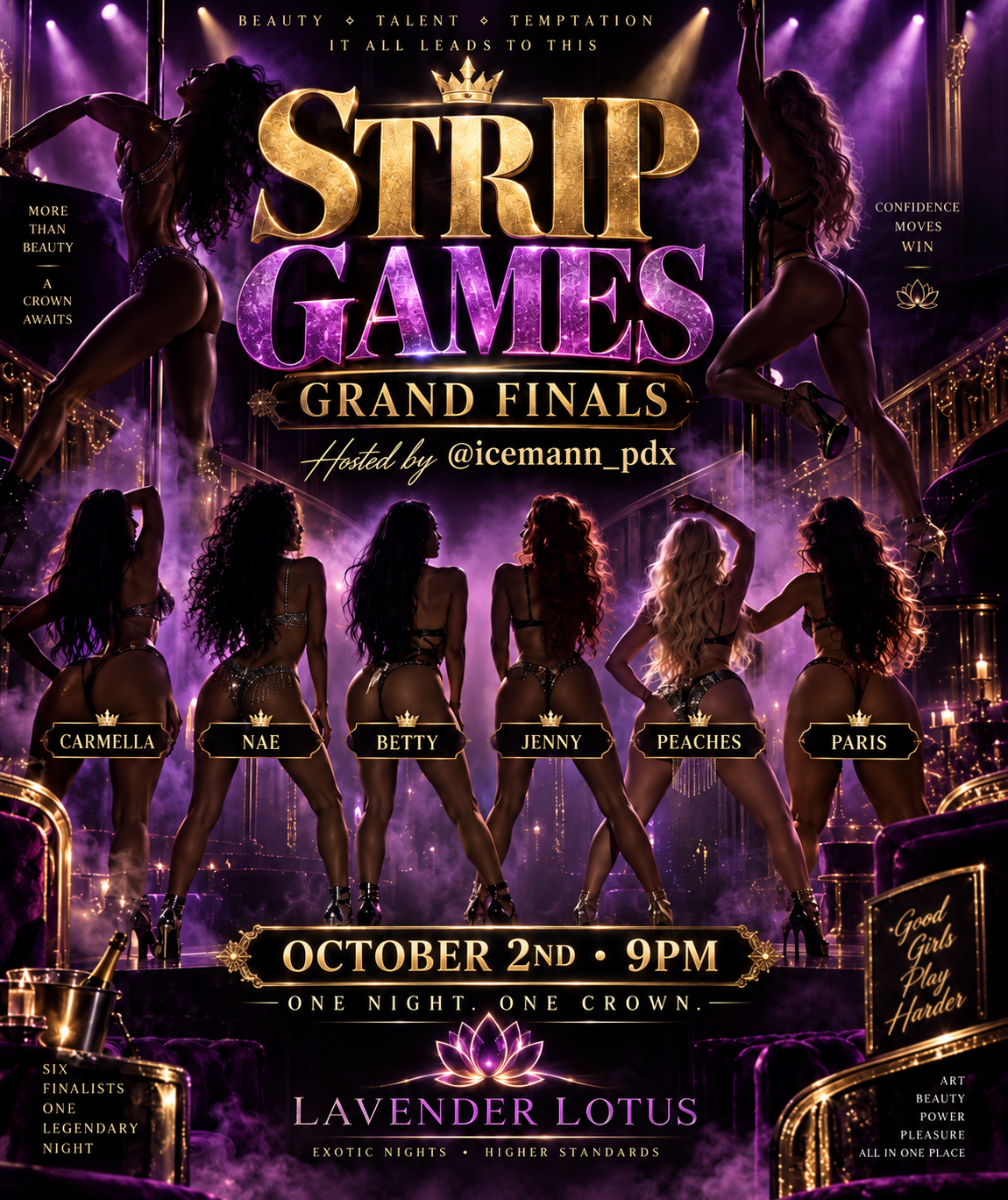 Strip Games 2026 Grand Finals flyer for Friday October 2 at Lotus Gentlemen's Club in Portland