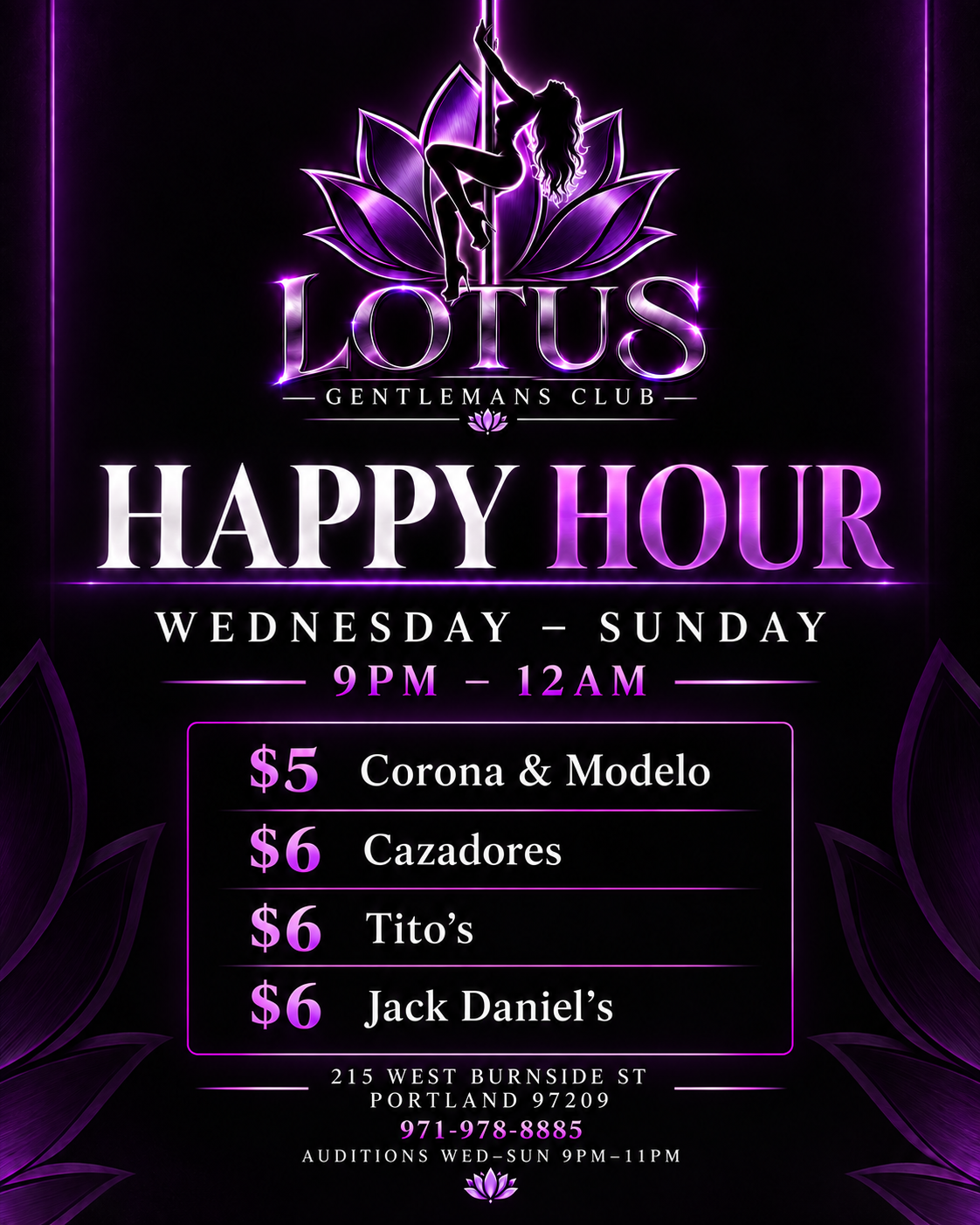 Lotus Gentlemen's Club Happy Hour flyer with drink specials Wednesday through Sunday from 9 PM to midnight